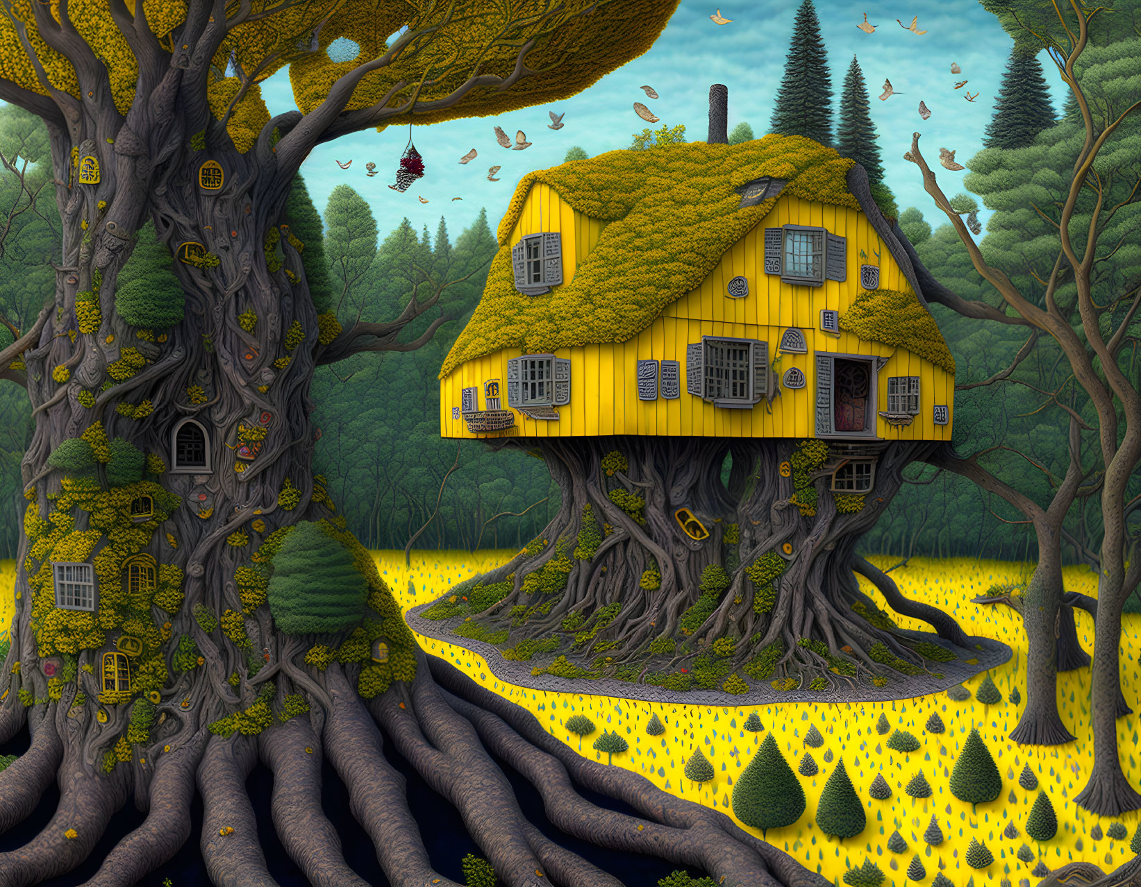 Illustration of Yellow Thatched-Roof House on Tree with Forest and Birds