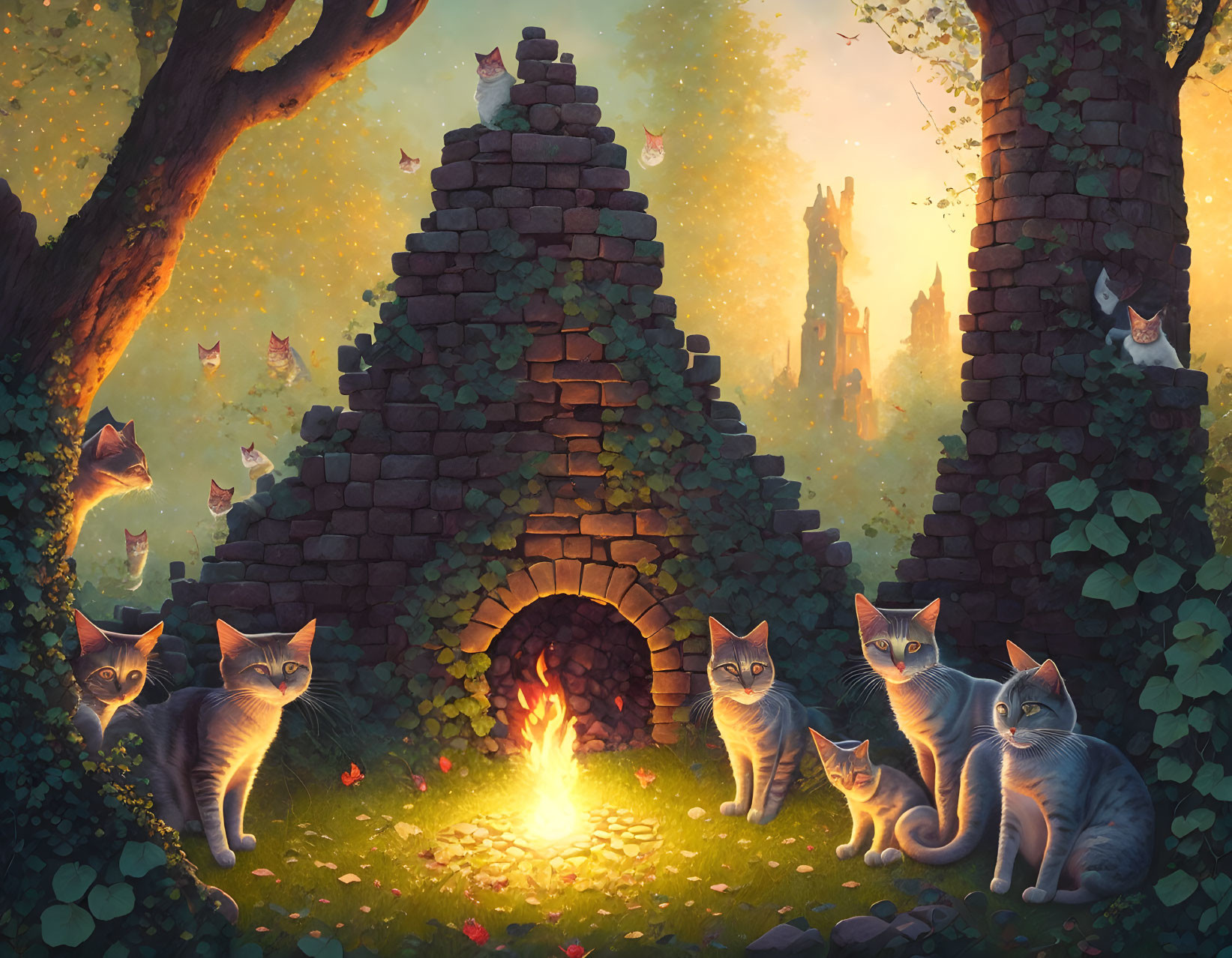 Illustration of cats by fireplace in forest ruins with birds.