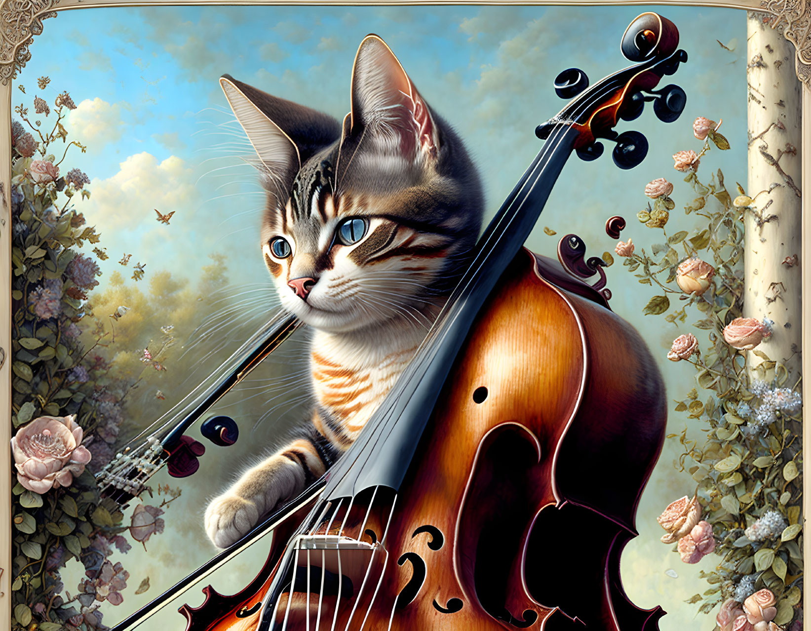 Illustration of Tabby Cat with Cello and Flowers in Ornate Frame