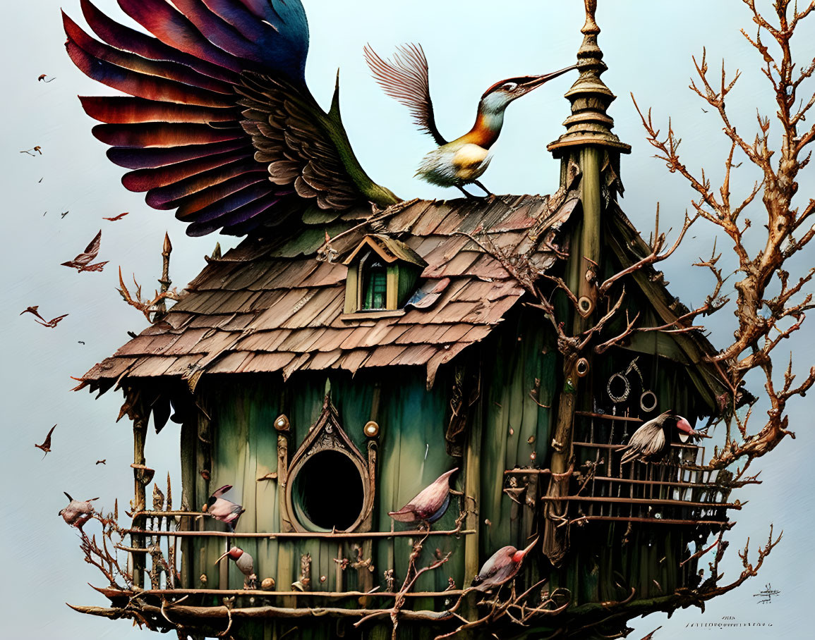 Colorful birdhouse with birds in flight and perched in detailed illustration