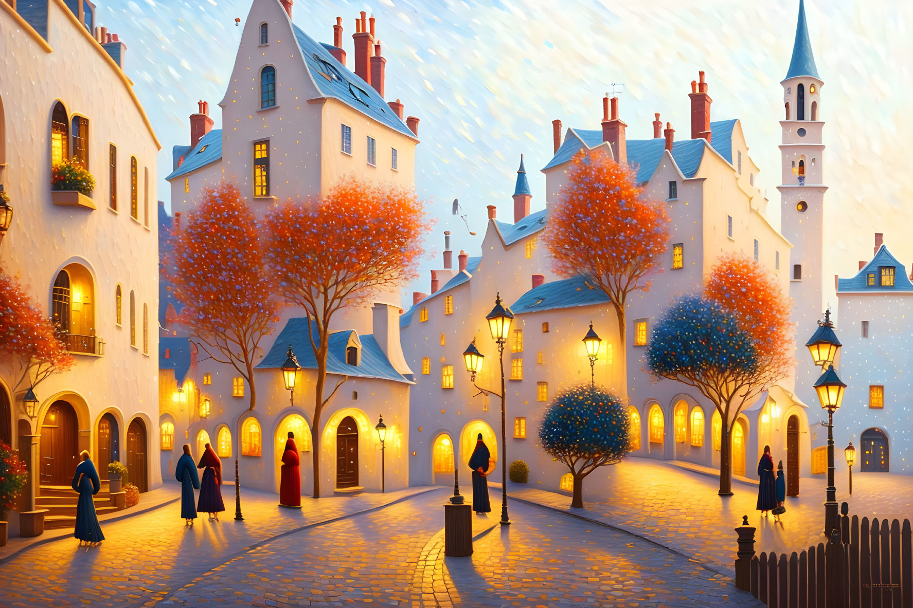 Town scene at dusk: people strolling, glowing streetlamps, cobblestone paths, autumn