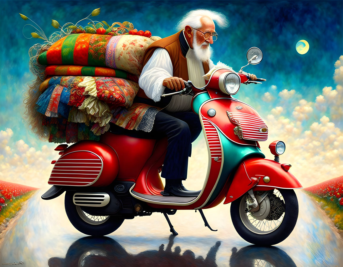 Elderly man with white beard on red scooter with colorful rugs in surreal setting