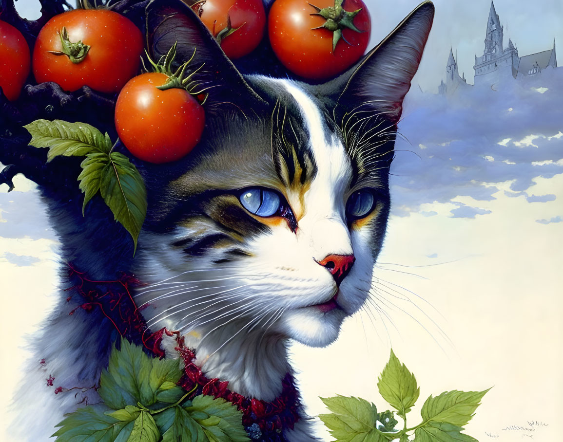 Close-up Cat Face with Blue Eyes, Tomatoes, Leaves, and Castle Background