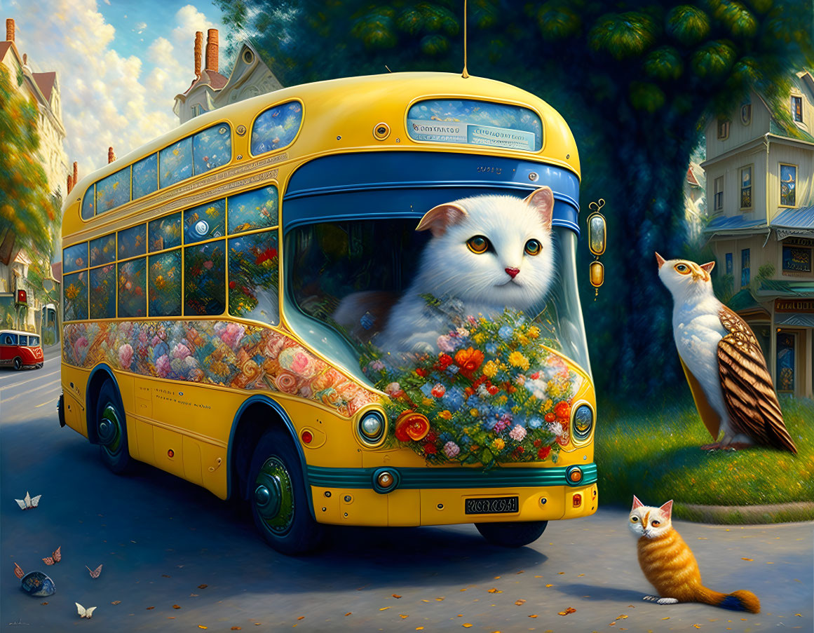 Whimsical vintage yellow bus painting with cat face, owl, butterflies, cats, flowers