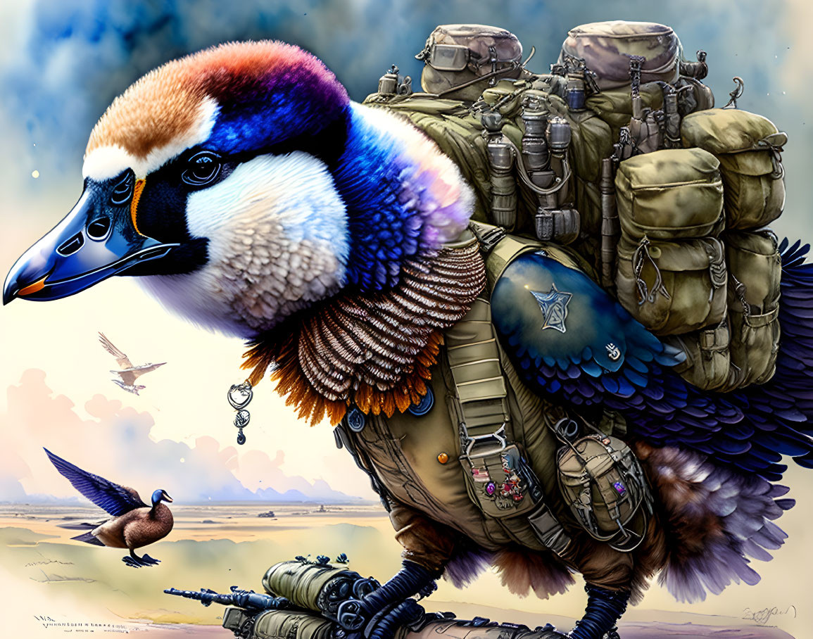 Anthropomorphic bird in military uniform against blue sky with flying ducks and aircraft.