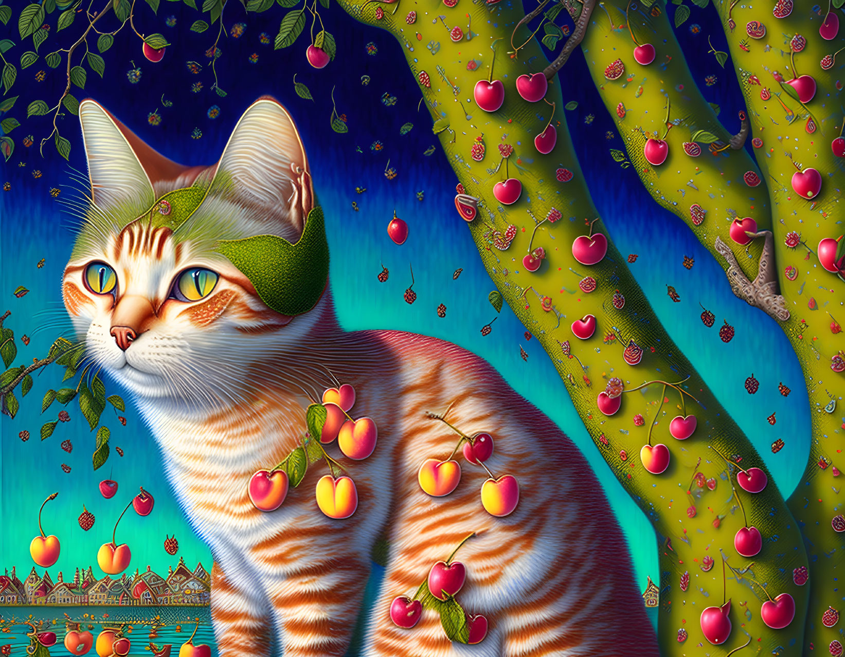 Colorful cat illustration with ripe apple patterns in whimsical setting