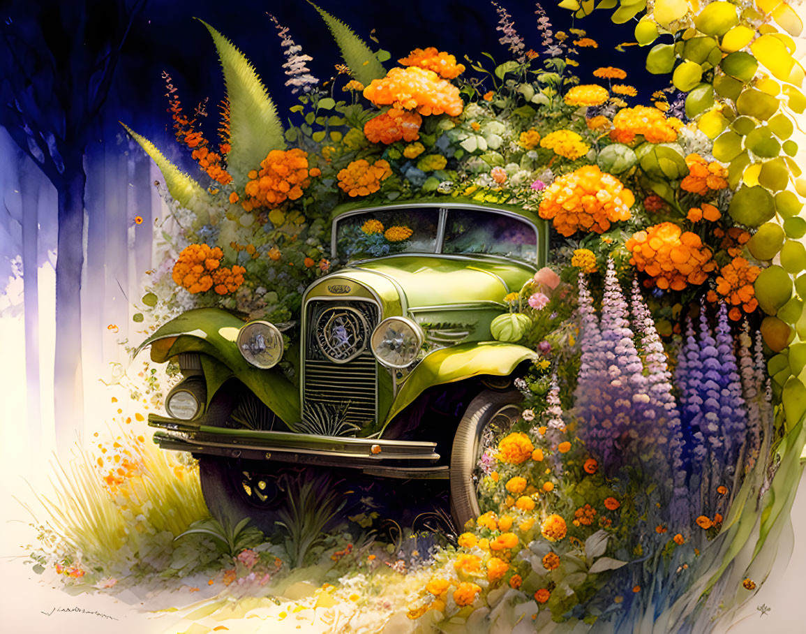 Vintage Green Car Covered in Colorful Flowers Against Botanical Background