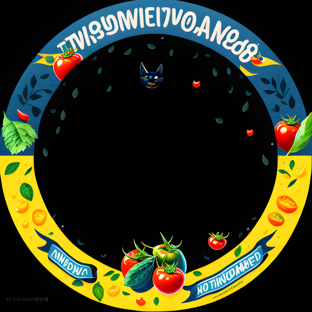 Circular Fruit and Vegetable Frame with Masked Cartoon Cat and Mirrored Text