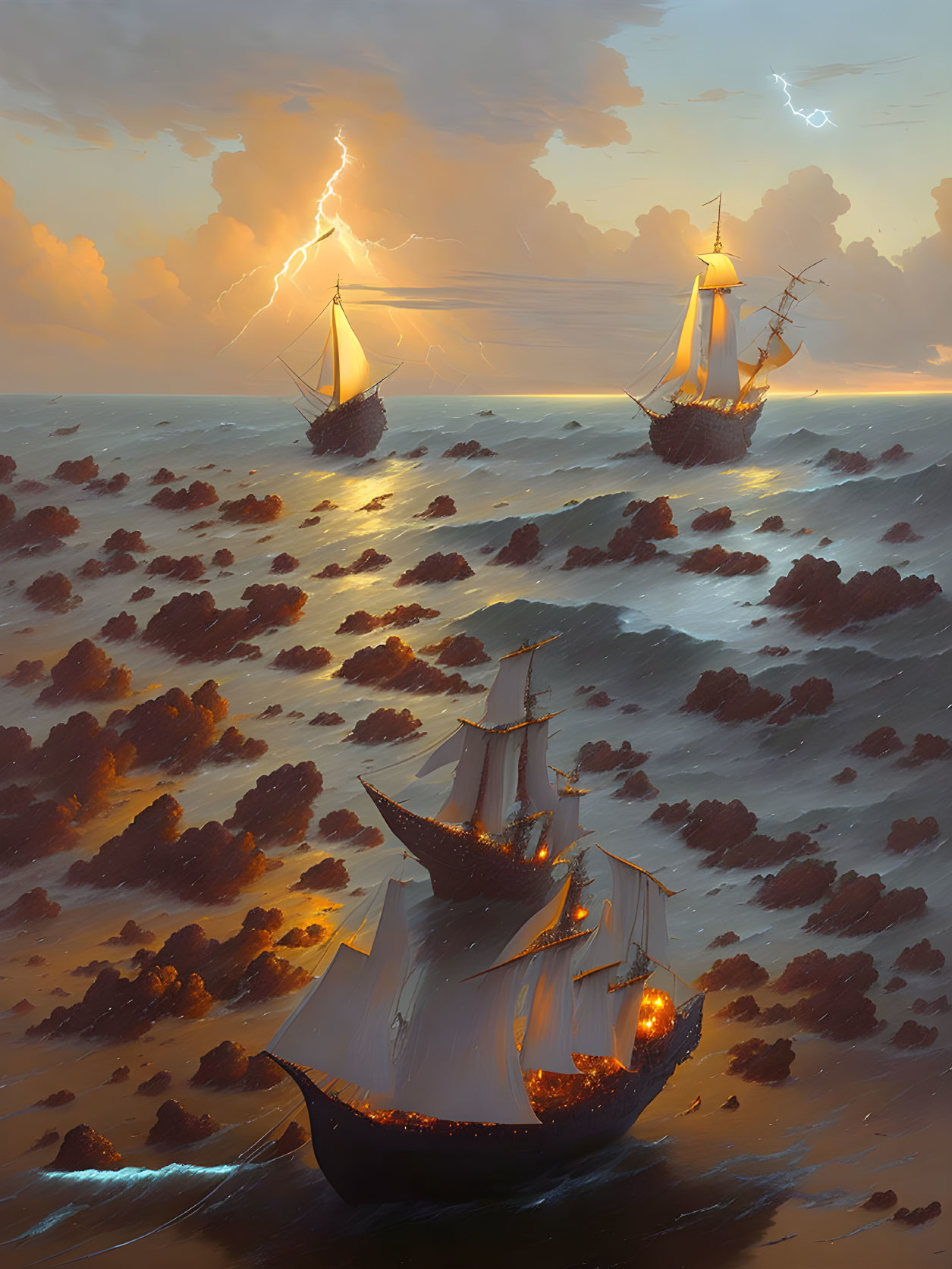 Sailing ships in stormy seas with lightning and setting sun