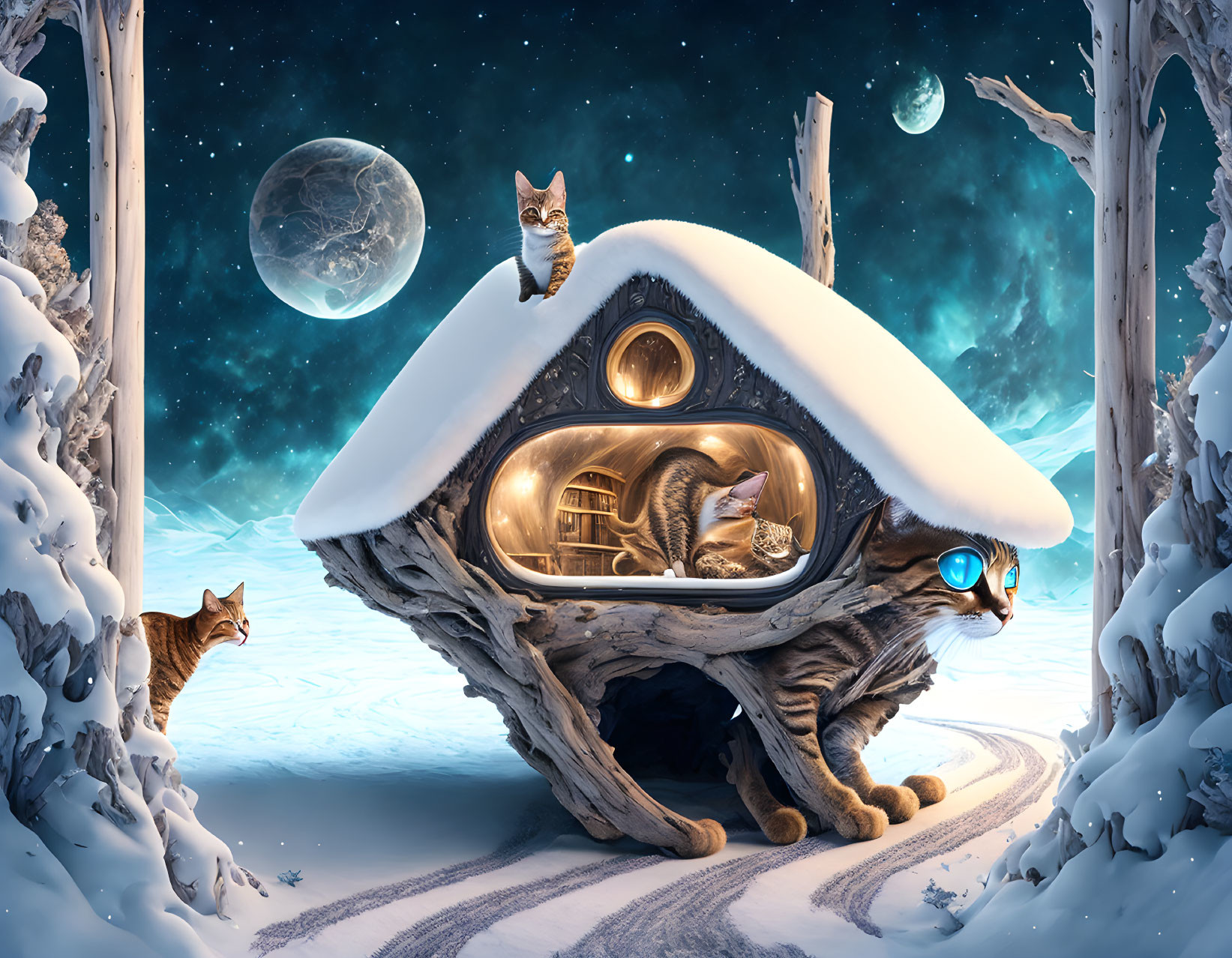 Whimsical cat-shaped house in snowy landscape with glowing windows