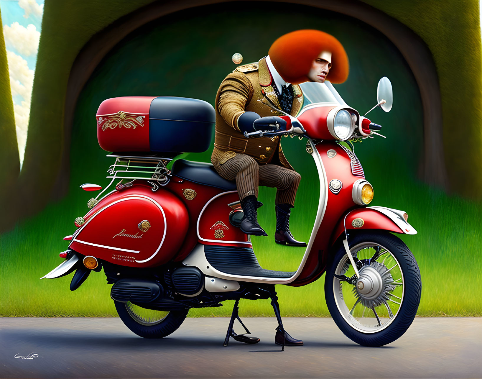 Colorful illustration of man with red afro on scooter in green foliage tunnel