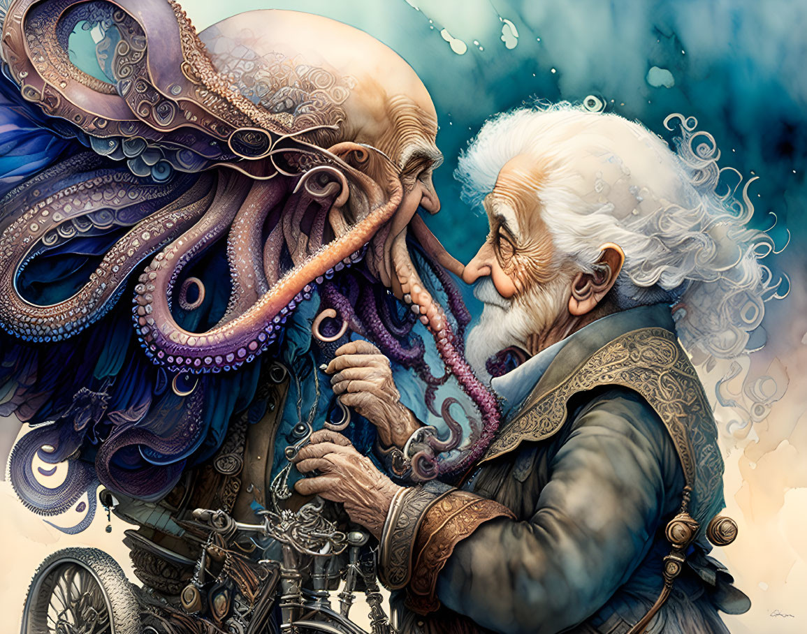 Elderly man with white beard interacting with colorful octopus