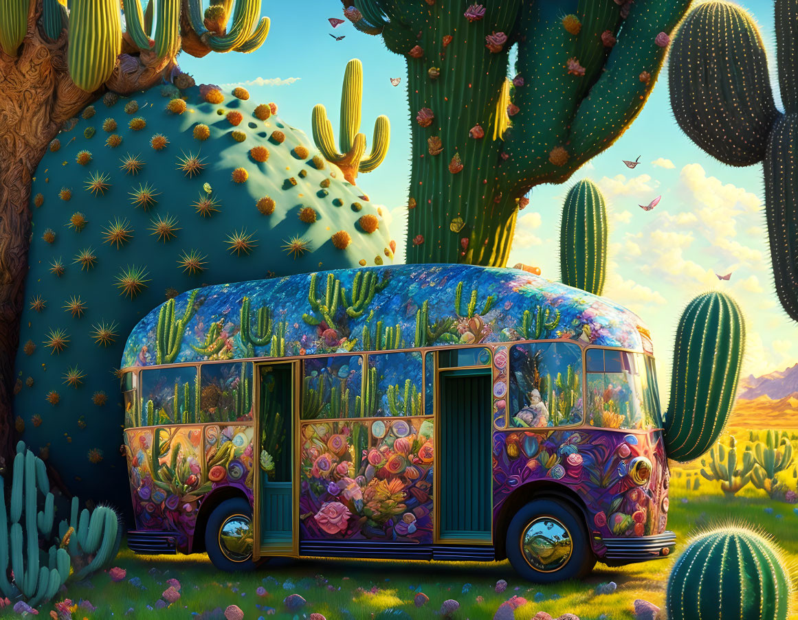 Colorful Floral-Patterned Bus Surrounded by Cacti and Birds