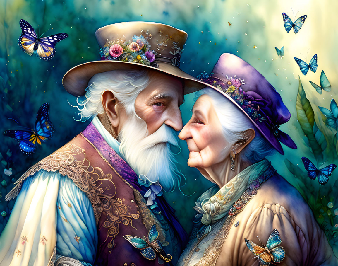 Elderly couple in ornate clothing and flower-adorned hats with butterflies.