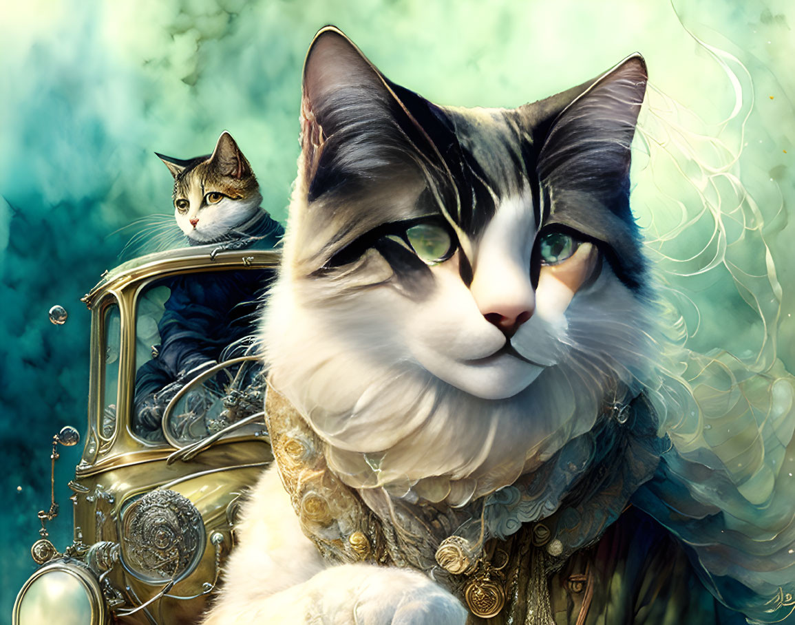 Regal anthropomorphic cat in vintage car with smaller feline