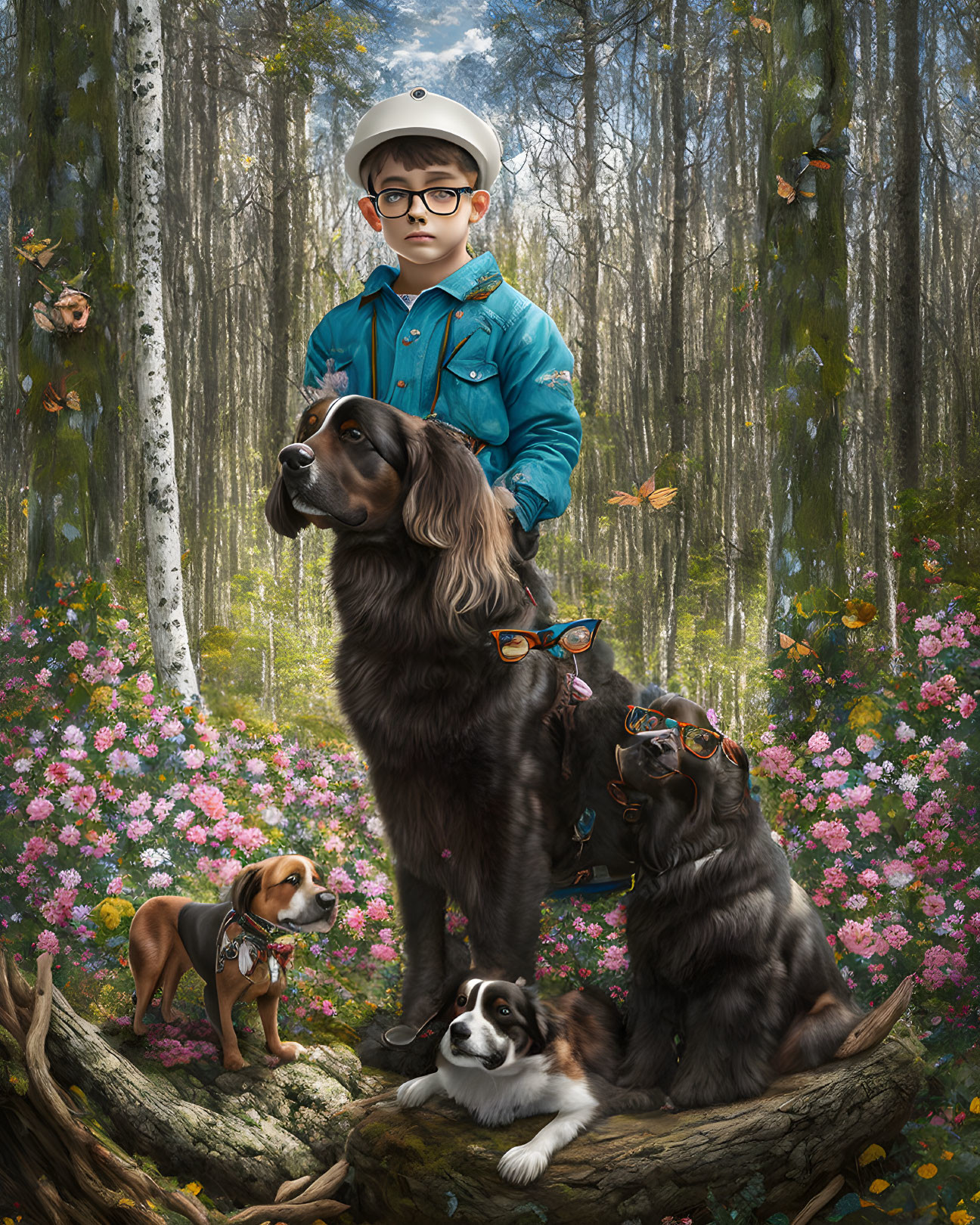 Young boy in exploratory gear with dogs in lush forest full of butterflies