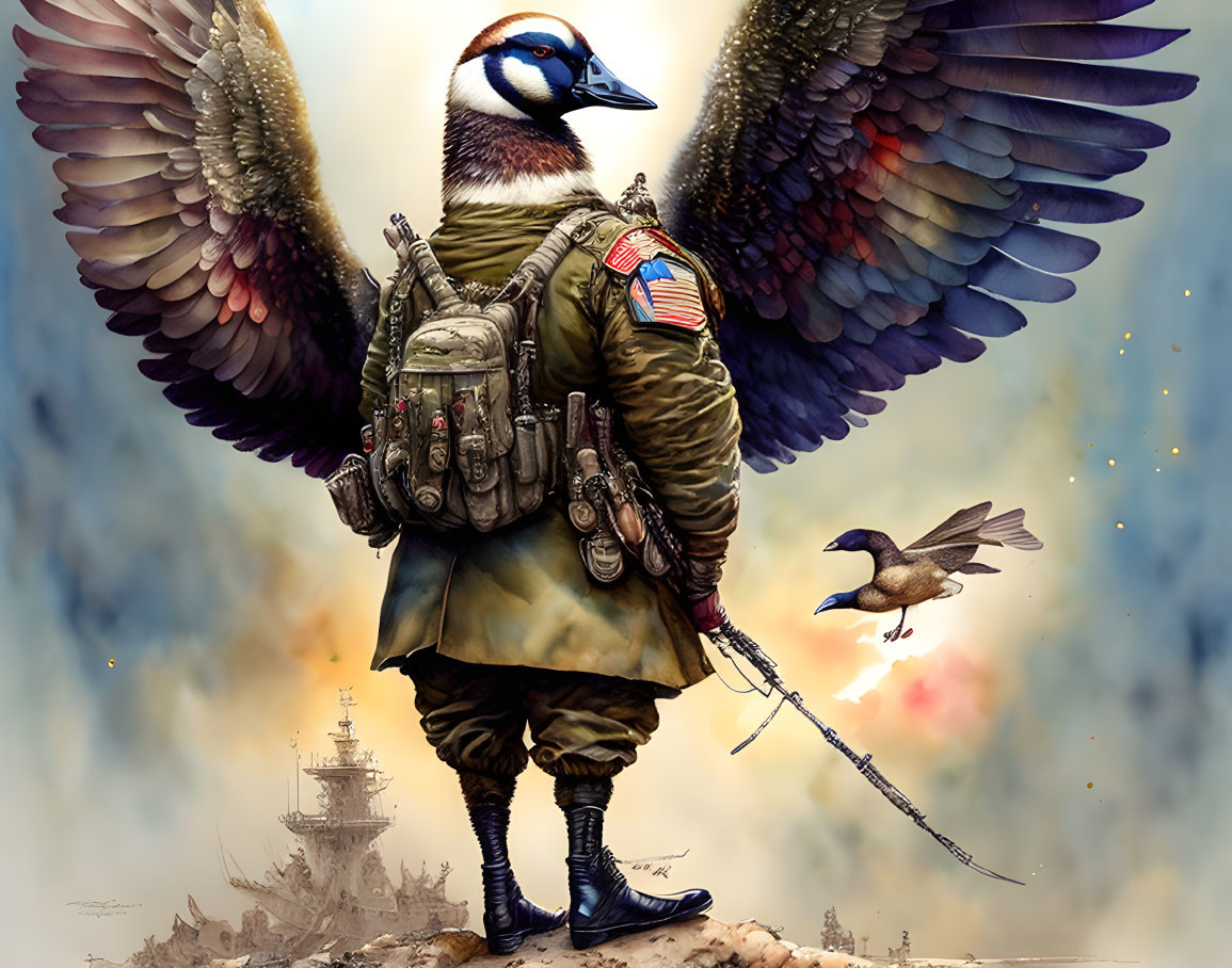 Colorful anthropomorphic bird in military gear with small flying bird in smoky battlefield.