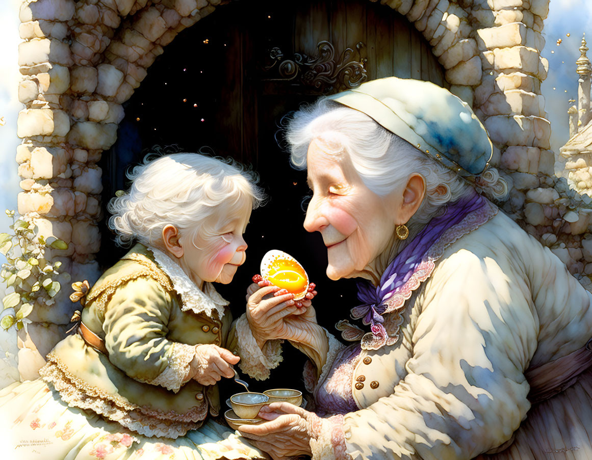 Elderly woman and child with golden egg in front of castle