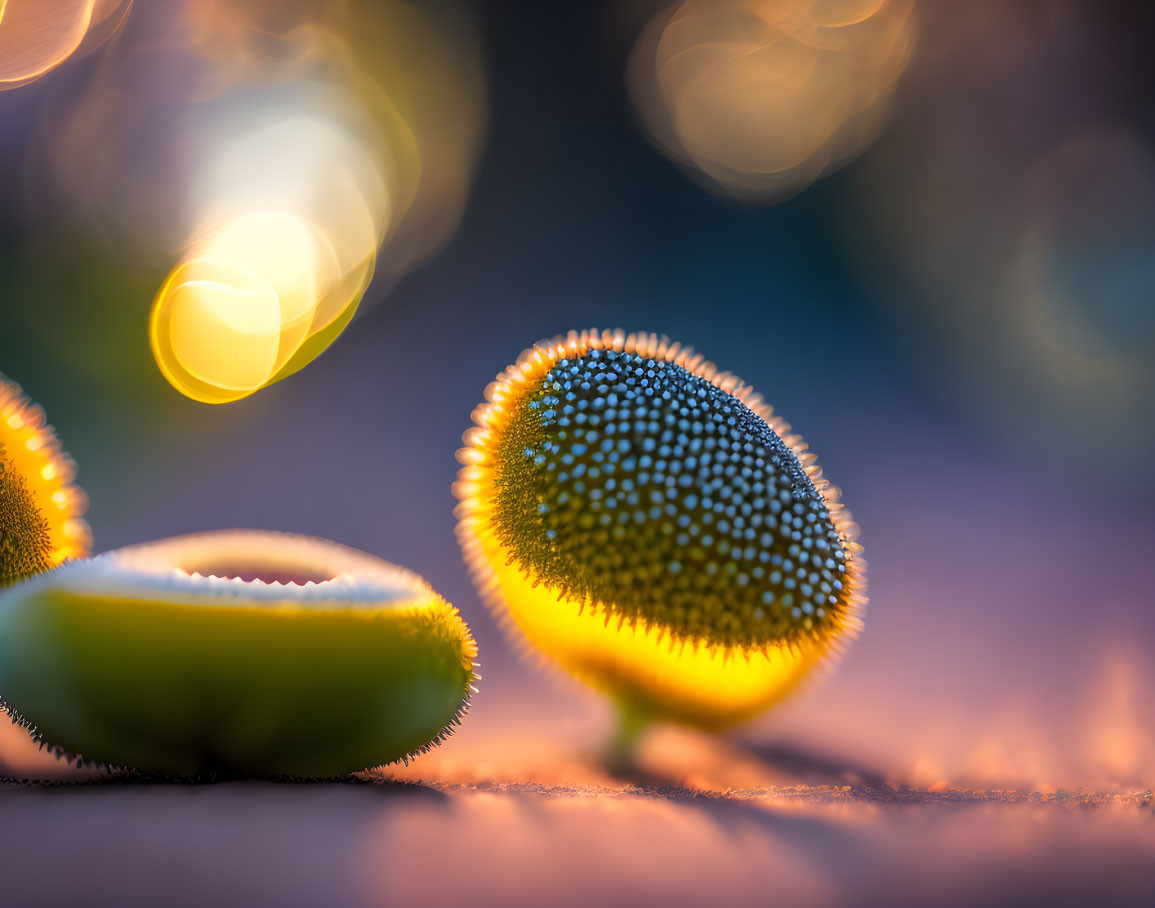 Detailed Close-up of Kiwifruits with Textures and Bokeh Light Effects