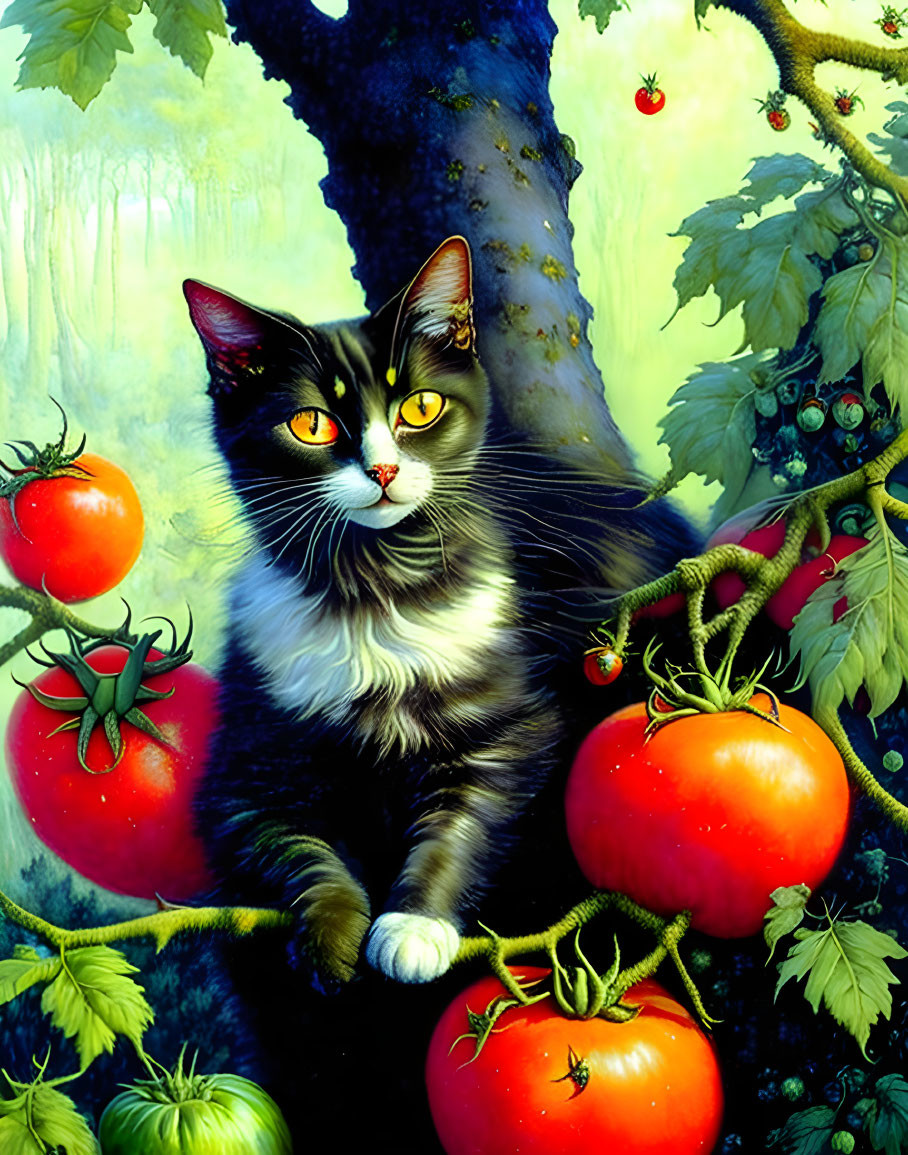 Vibrant cat and tomatoes illustration with mystical vibe