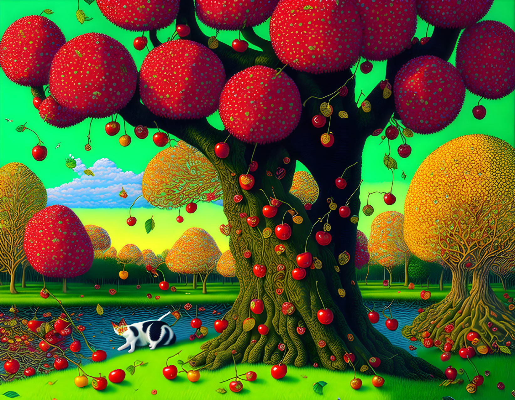 Colorful surreal landscape with whimsical strawberry-shaped trees, cat, ponds, and vibrant sky