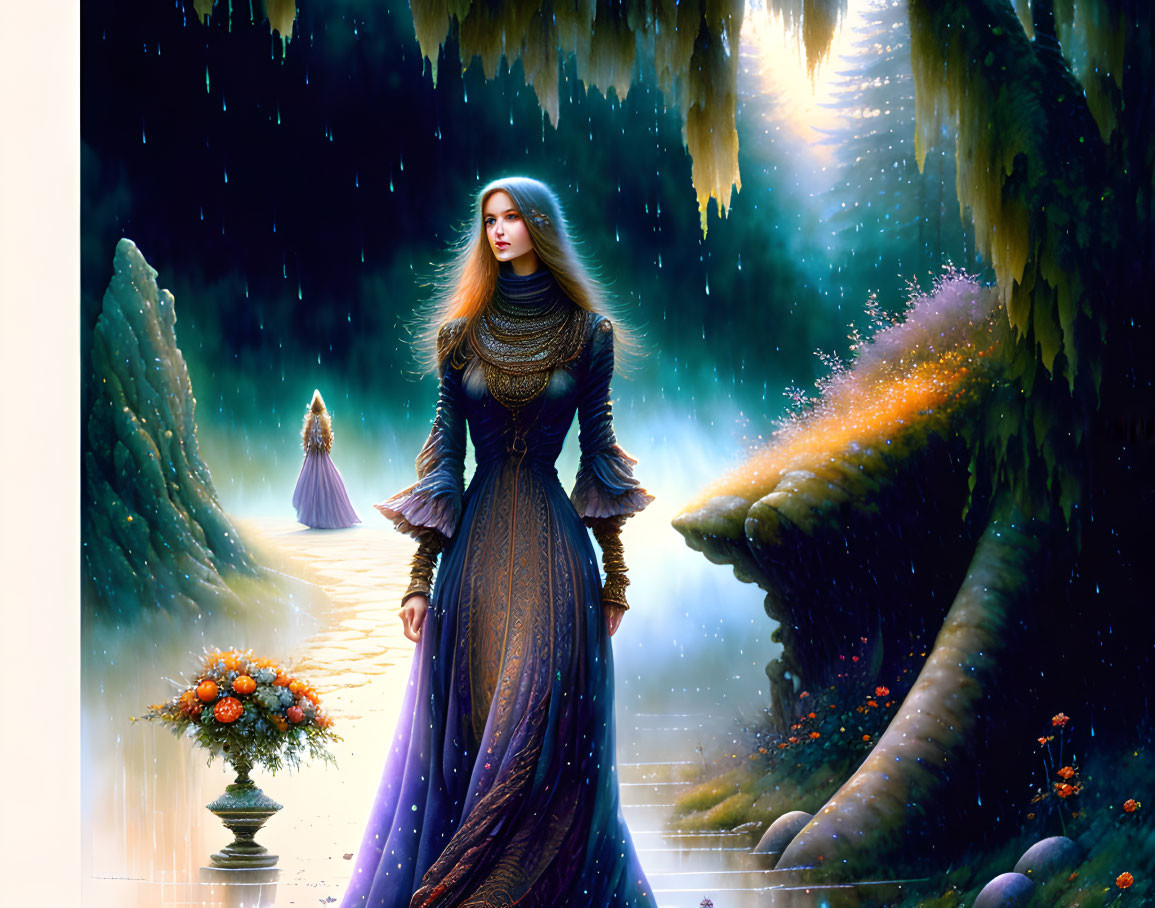 Fantasy Artwork: Two Women in Elegant Dresses in Enchanting Forest