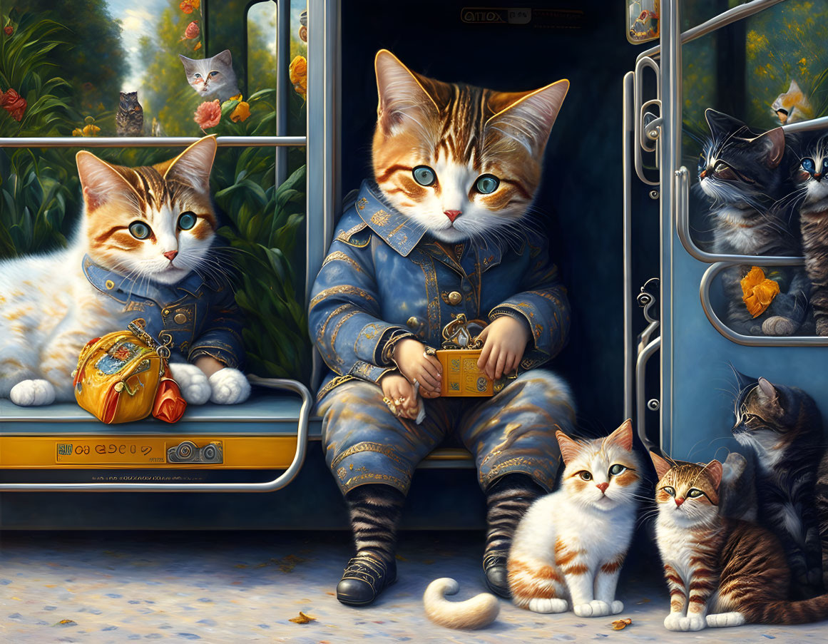 Anthropomorphic cats in vintage outfits at bus stop with cityscape reflection, autumn leaves, and curious