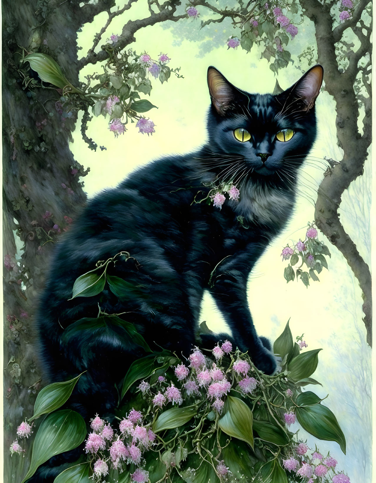 Black Cat with Yellow Eyes on Blossoming Tree Branch among Pink Flowers