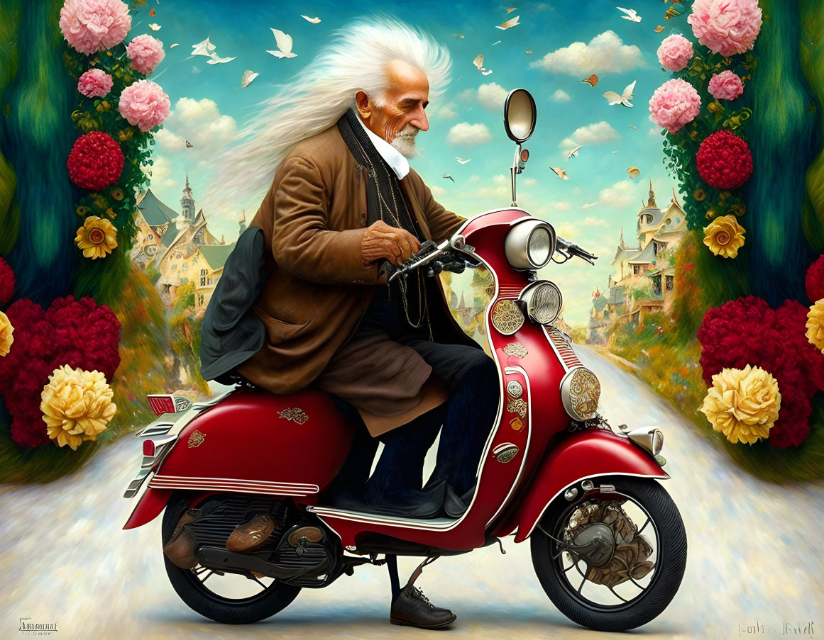 Elderly man on red scooter in whimsical setting