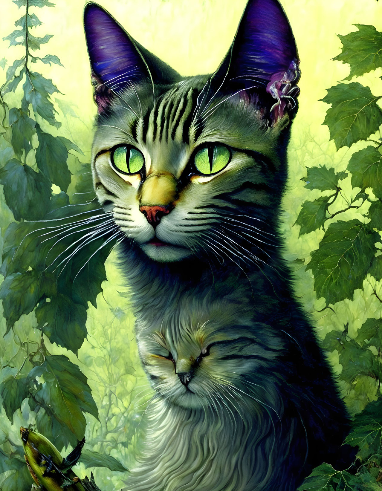 Whimsical cat illustration with small cat and frog in leafy background