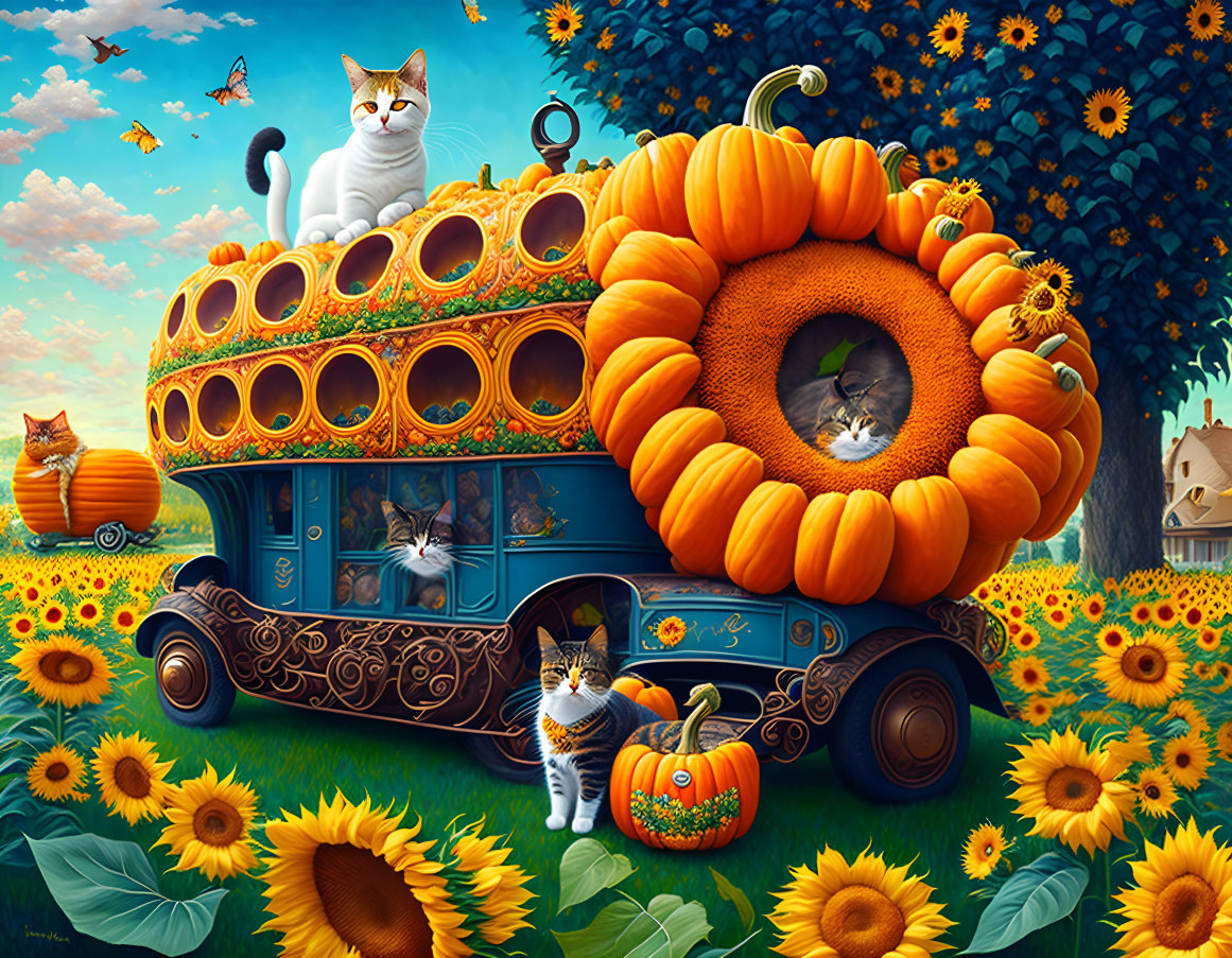 Illustration of blue bus with pumpkins, sunflowers, and playful cats in vibrant field