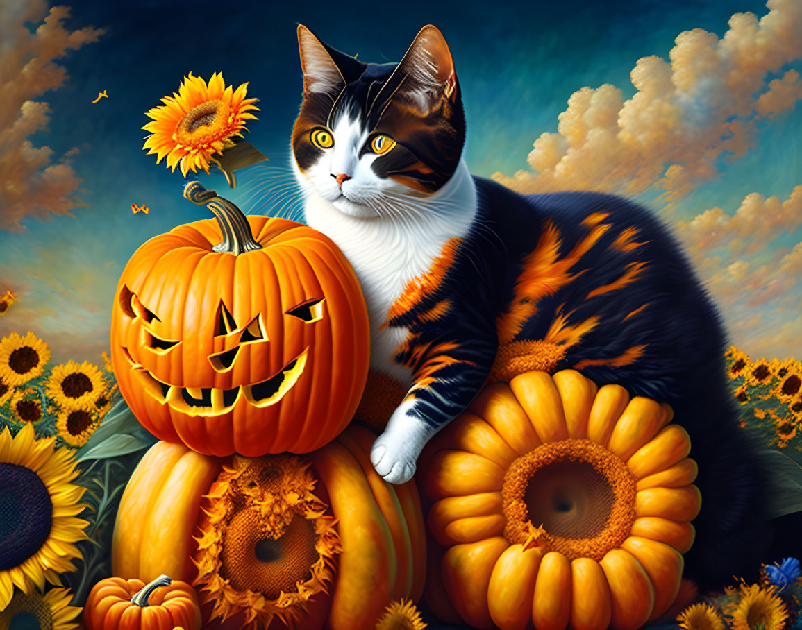 Calico Cat with Pumpkins and Sunflowers in Blue Sky