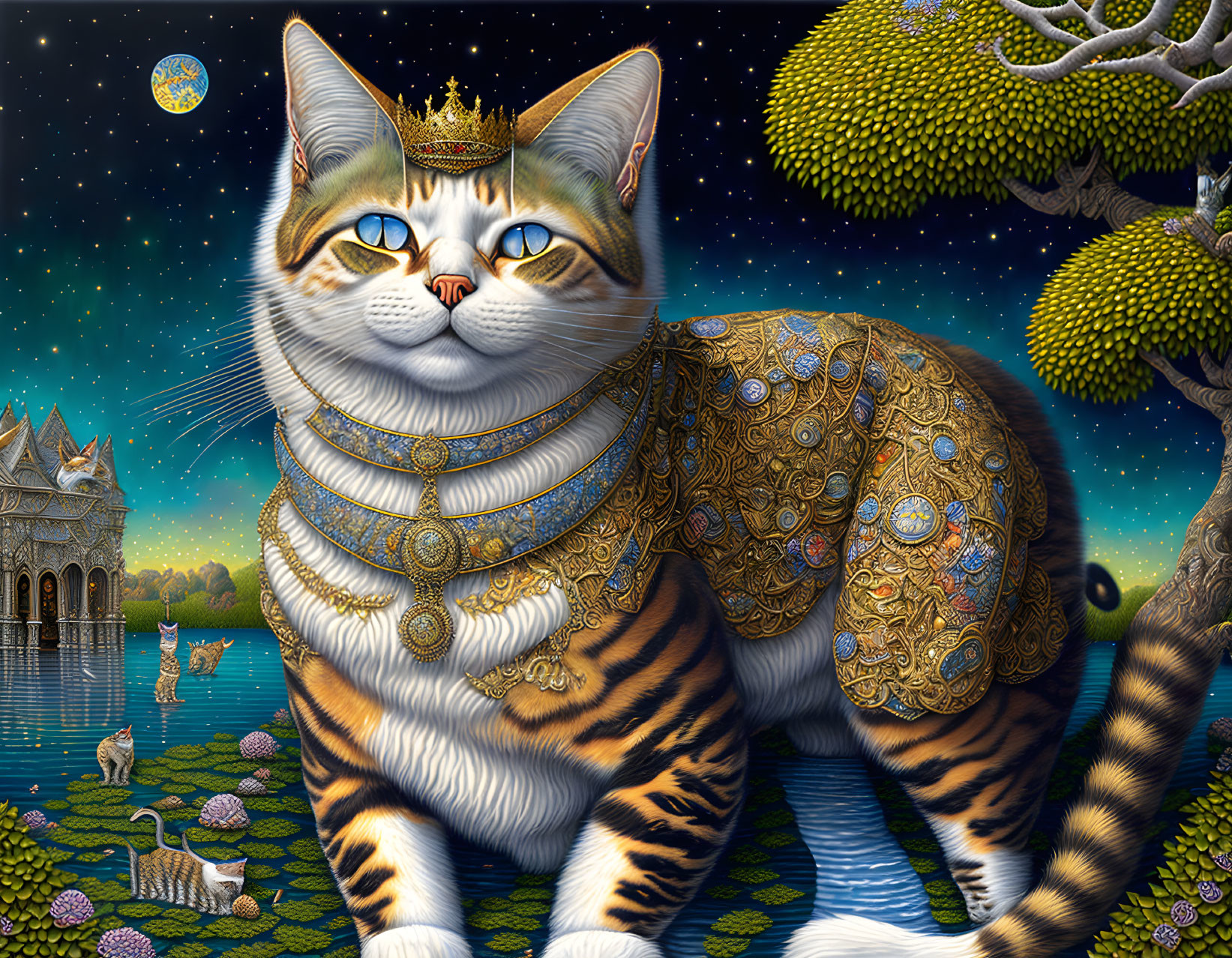 Regal cat with golden crown in fantastical landscape