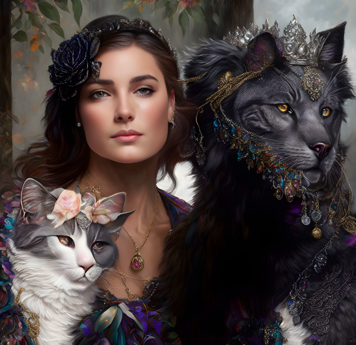 Woman and Three Cats in Regal Fantasy Attire