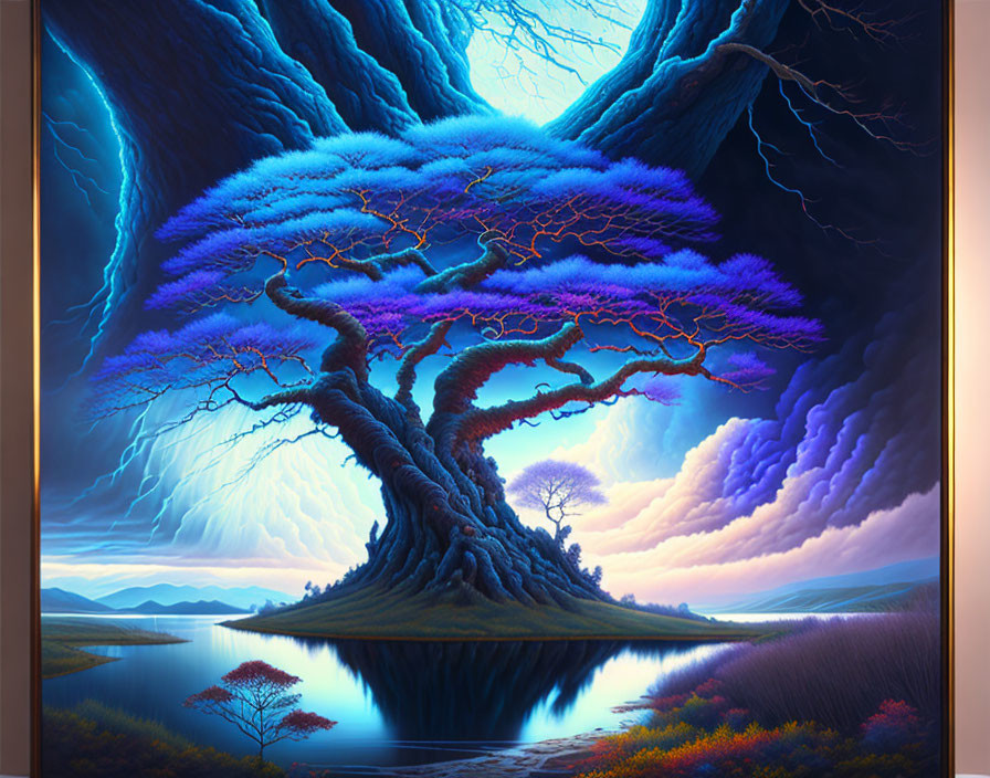 Vivid digital painting: Massive tree, dynamic sky, tranquil lake