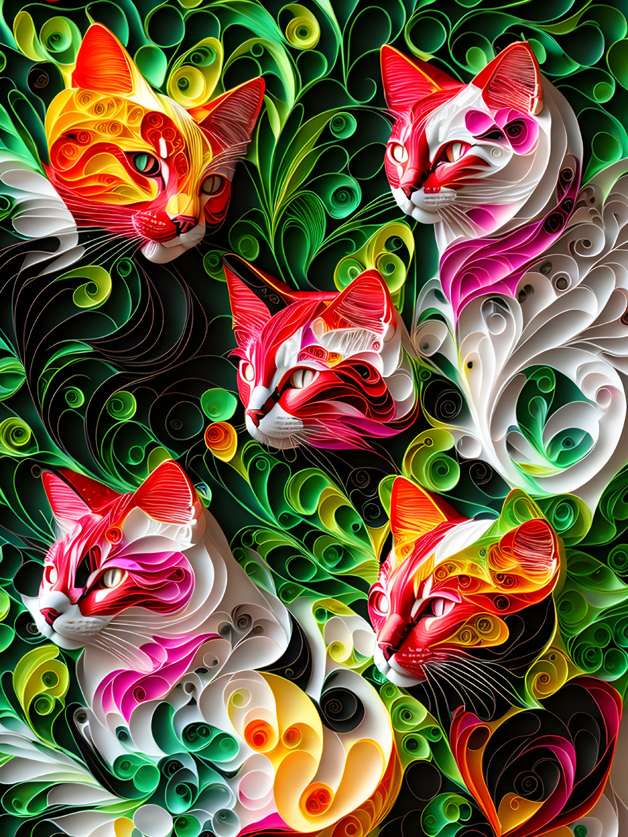 Vivid Swirling Cat Artwork in Green, Red, Yellow & White