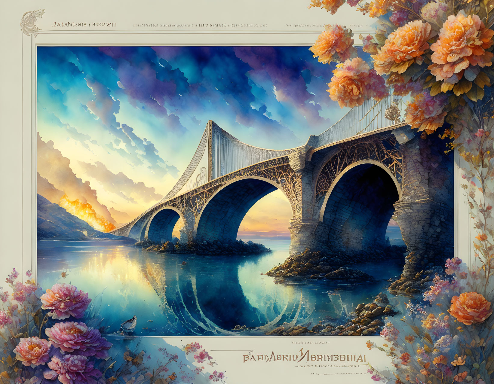 Vintage bridge illustration over calm water with orange flowers and dramatic sky at dawn or dusk