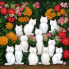 Vibrant painting of white cats in colorful garden