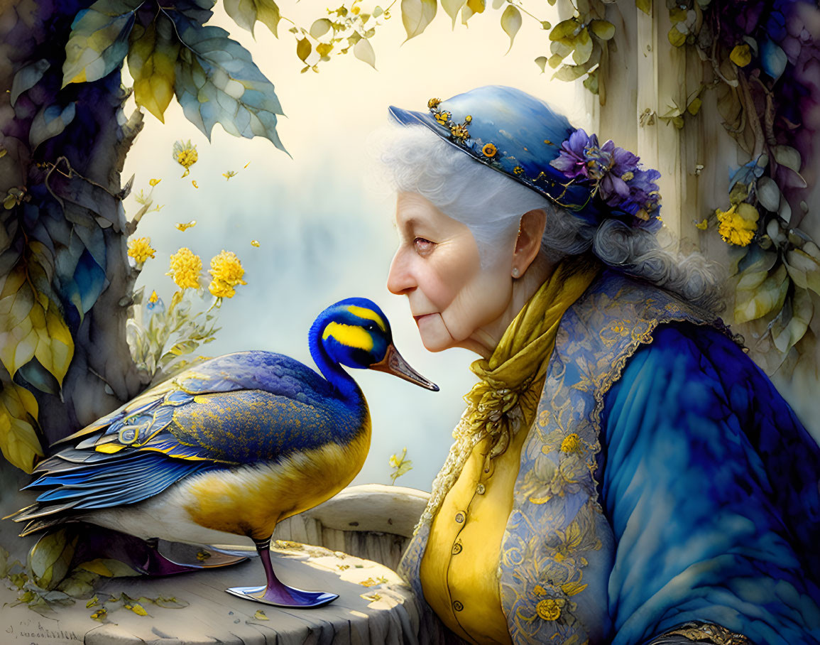 Elderly woman in blue gown admires colorful bird in nature scene