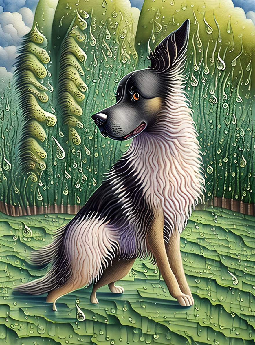 Surreal dog illustration with wavy fur and rain backdrop