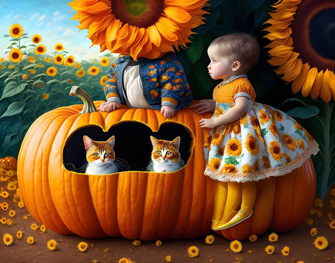 Toddler in Yellow Dress with Pumpkin, Cats, and Sunflowers