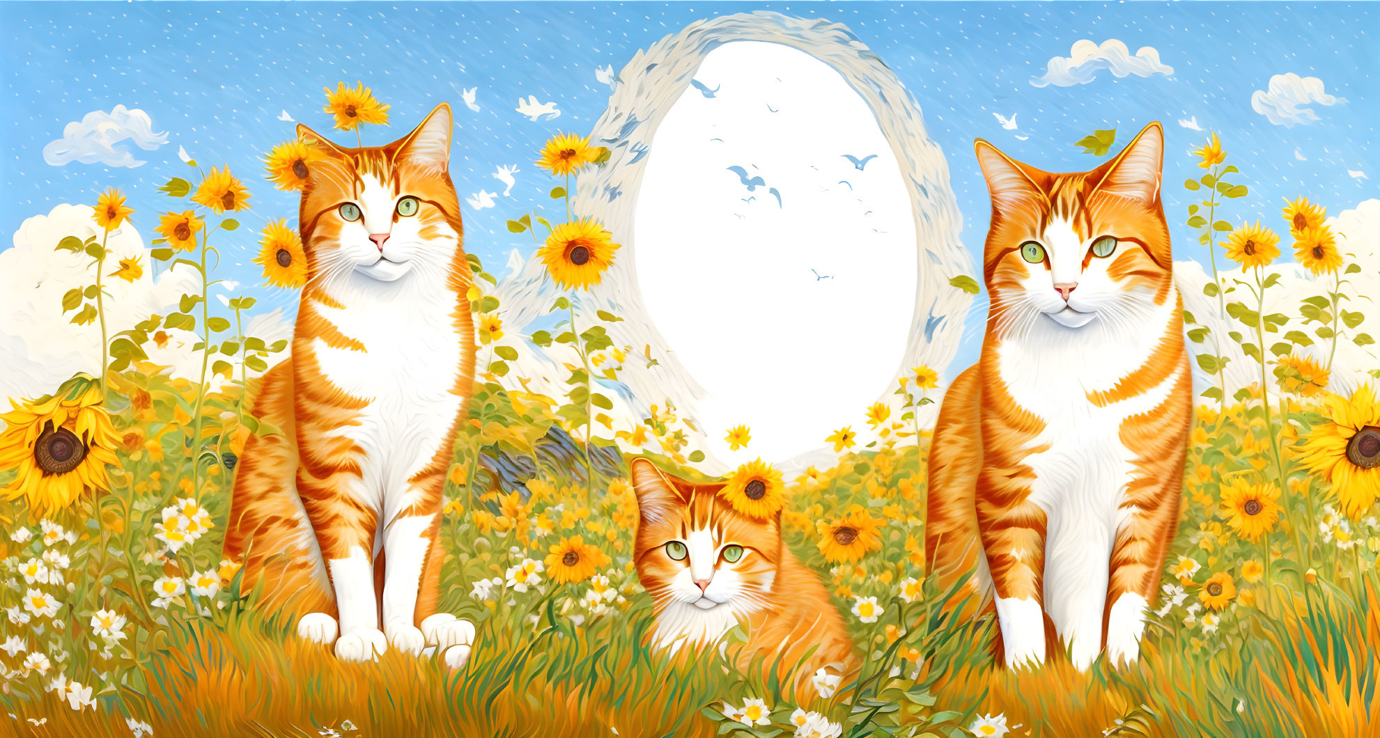 Three Orange and White Cats in Sunflower Field with Oval Frame