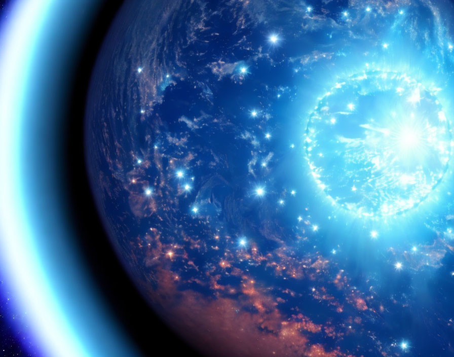 Illuminated planet with radiant blue glow in space