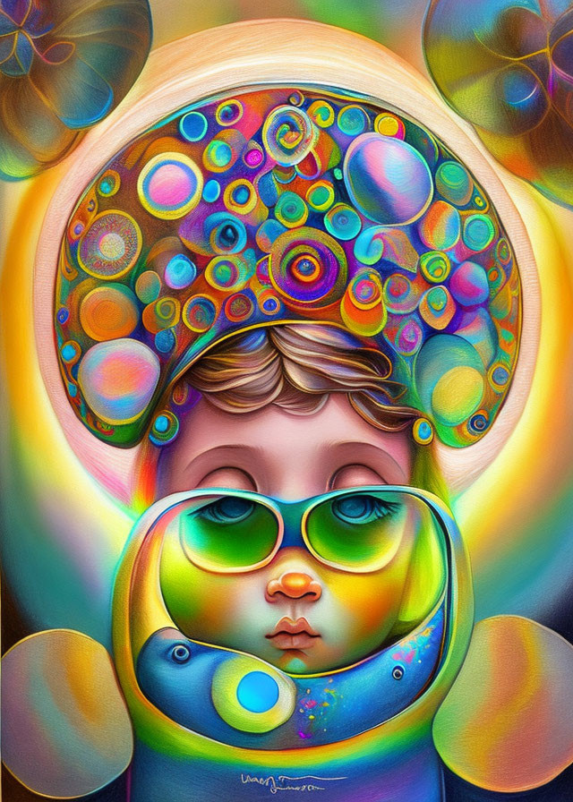 Colorful digital artwork of stylized child with green glasses and patterned head surrounded by abstract shapes.