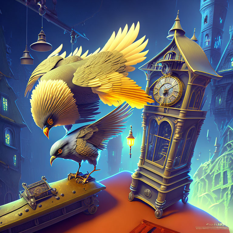 Illustrated eagle landing on ornate clock tower in twilight cityscape.