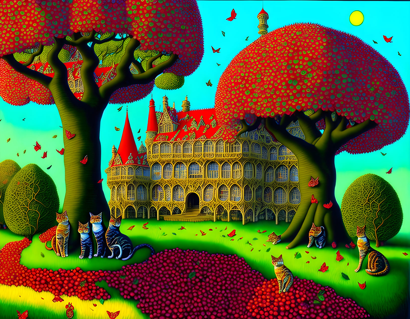 Colorful Mushroom Trees Surround Castle with Cats and Birds