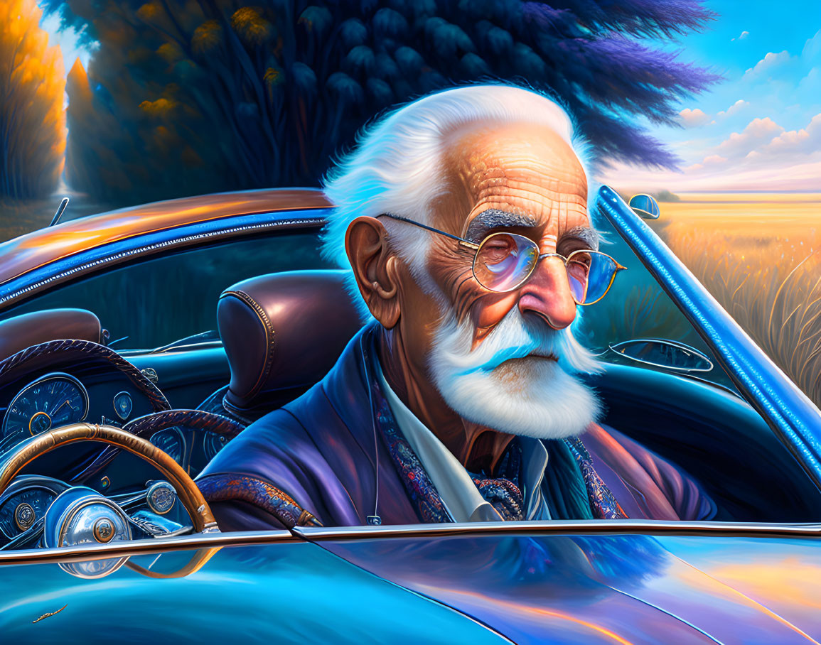 Elderly man with white hair drives classic convertible through vibrant sunset landscape