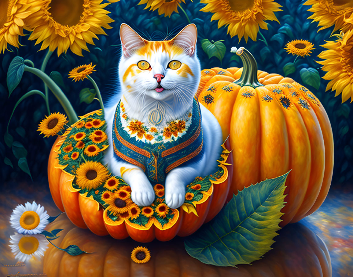 Colorful Cat in Pumpkin with Sunflowers and Daisies Illustration