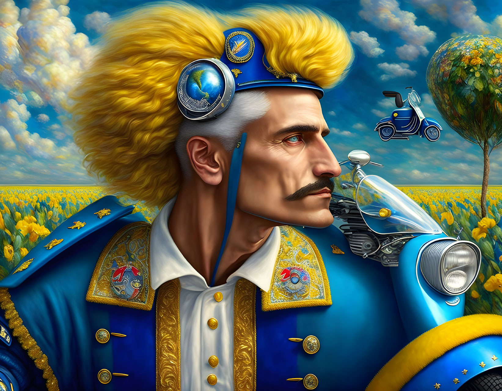 Colorful illustration of man in regal attire with mustache in sunflower field