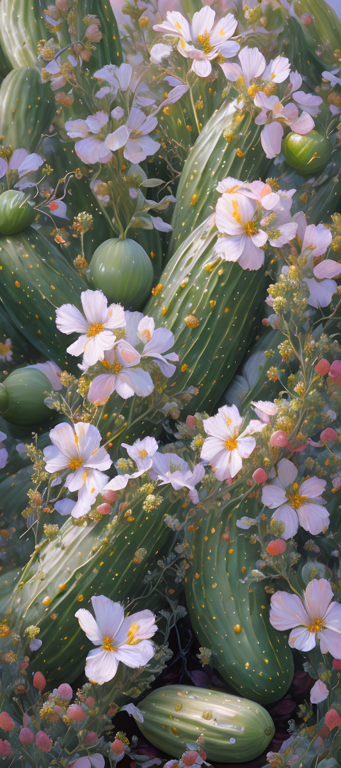 Green cacti with white and yellow flowers in soft light among red and green plants